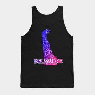 Colorful mandala art map of Delaware with text in blue and violet Tank Top